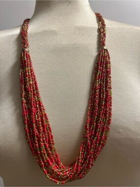 Multi-Strand Red and Gold Seed Bead Necklace